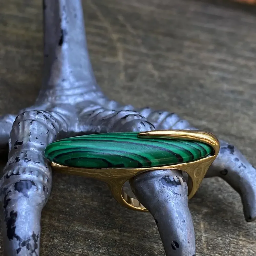 NEW Gold & Malachite Deco Statement Ring - Picture 7 of 8